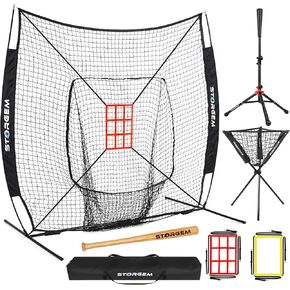 Storgem Baseball and Softball Practice Net 7×7ft Portable Hitting Pitching Batting Training Net Baseball Backstop Net with Batting Tee,Ball Caddy,Baseball Bat and Strike Zone