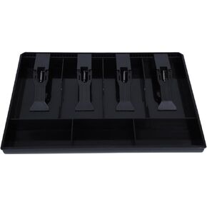 Mini Cash Register Drawer, 4 Bill 3 Coin Removable Compartment Black Square Media Slot Stainless Steel Insert Tray Durable Money Storage Case Safe Lock Box for Point of Sale (POS) System Stores Shops