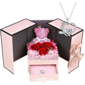 Suturun Preserved Roses Forever Flowers with Necklace Gifts for Women,Eternal Roses and Cute Moss Bear Gifts for Her Girlfriend Wife Mom on Valentines Day,Birthday,Mothers Day,Anniversaries,Christmas