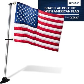 Five Oceans Pontoon Flag Pole Socket with Flag, Boat Flag Pole Kit, American Flag for Boat, U.S. 50 Star Sewn Boat Flag 12" x 18"- FO4686