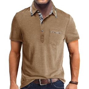 Aulemen Men's Casual Polo Shirts Short Sleeve Classic Button Basic Shirt Plaid Collar Cotton Tees Stylish Golf Tops