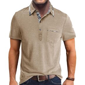 Aulemen Men's Casual Polo Shirts Short Sleeve Classic Button Basic Shirt Plaid Collar Cotton Tees Stylish Golf Tops