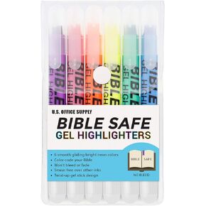 U.S. Office Supply Bible Safe Gel Highlighters, 6 Pack Set - 6 Different Bright Neon Fluorescent Highlight Colors Yellow, Orange, Pink, Purple, Green, Blue - Won't Bleed, Fade or Smear - Study Guide