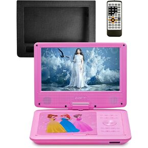 SYNAGY 11" Portable DVD Player for Kids with 9.5 inch HD Swivel Screen, Car Headrest Mount Holder, Rechargeable Battery, Car Charger, Wall Charger, SD Card Slot, USB Port (Pink)