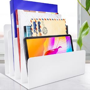 4 Sections Acrylic File Organizer for Desk, Carooyac White Acrylic File Holder Sorter for Office Supplies, Acrylic Desk Organizer and Accessories for File Folder Mail Letter Paper Electronics Notebook