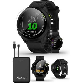 PlayBetter Garmin Forerunner 55 (Black) GPS Running Watch | Beginner Friendly Heart Rate Monitor Watch with Time, Pace & Speed Tracker | Power Bundle Tempered Glass Protectors & Portable Charger