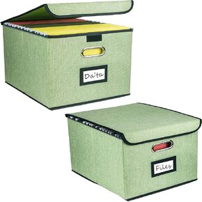 Desihum Collapsible File Organizer Box, filing Storage boxes for hanging files with lid, Linen Portable file folder box with handle, Decorative Document Storage Bins for Office/Home/School (Grey)