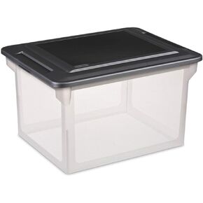 Sterilite File Box, Stackable Storage Bin with Lid, Plastic Container to Organize Taxes, Papers in the Home, Office, Clear Base with Black Lid, 4-Pack