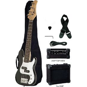 رابتور 3/4 مقاس 38 بوصة للأطفال 4 أوتار كهربائية بي باس أسود. حزمة كاملة مع 5 واط أمبير، حقيبة، حزام، كابل، اللقطات in Kuwait