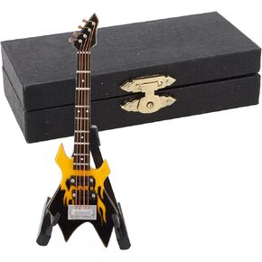 3.9in Miniature Bass Model, Dollhouse Mini Musical Instrument Bass Guitar Model with Stand and Case (10cm red Pointed Electric bass)