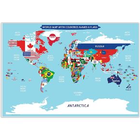 World Map Poster with Countries FLAGS For Kids (SMALL size13x19 World Map Laminated) Perfect World wall Map for School classroom or home