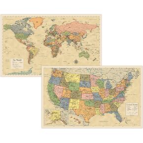 2 Pack - Laminated World Map & US Map Poster Set - Wall Chart Map of the World & United States - Made in the USA [Yellow]
