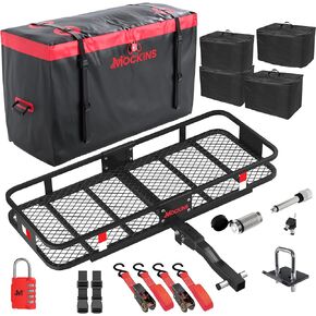 Mockins 500 Lbs Cap Folding Cargo Carrier Hitch Mount Hitch Cargo Carrier Rack & 15 Cu Ft Waterproof Cargo Bag | 4 Packing Cubes | 48"x18"x6" Tow Hitch Cargo Basket | Cargo Trailer Hitch Storage Rack