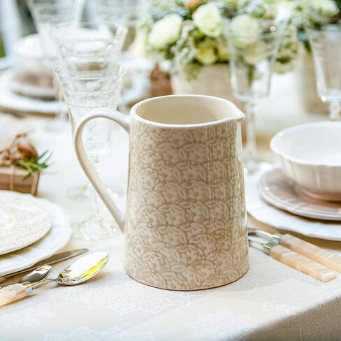 Euro Ceramica Chloe Collection Elegant 7.5" Decorative Ceramic Pitcher, 2LT, Floral Design, Beige in Kuwait