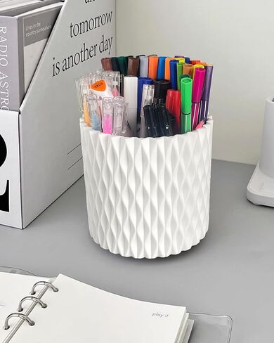 Rotating Pen Pencil Holder for Desk, 5 Slots Unique White Desk Pen Organizer Easthetic Desktop Supplies and Accessories for Women Girls, Pen Cup Pencil Caddy for Office Home Art Supply in Saudi Arabia
