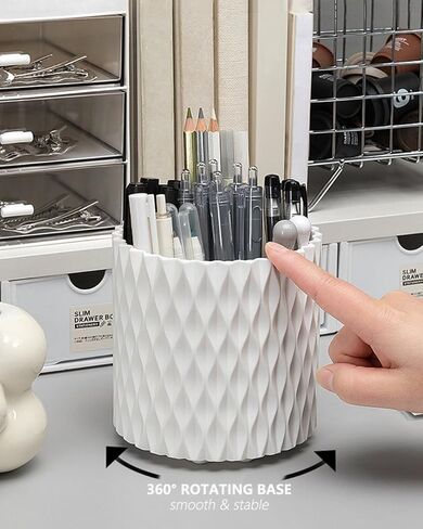 Rotating Pen Pencil Holder for Desk, 5 Slots Unique White Desk Pen Organizer Easthetic Desktop Supplies and Accessories for Women Girls, Pen Cup Pencil Caddy for Office Home Art Supply in Saudi Arabia