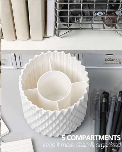 Rotating Pen Pencil Holder for Desk, 5 Slots Unique White Desk Pen Organizer Easthetic Desktop Supplies and Accessories for Women Girls, Pen Cup Pencil Caddy for Office Home Art Supply in Saudi Arabia