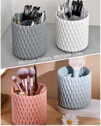 Rotating Pen Pencil Holder for Desk, 5 Slots Unique White Desk Pen Organizer Easthetic Desktop Supplies and Accessories for Women Girls, Pen Cup Pencil Caddy for Office Home Art Supply in Saudi Arabia