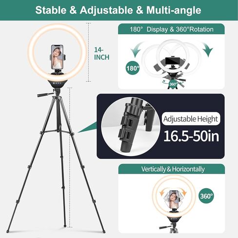 مصباح حلقة Torjim مقاس 14 بوصة مع حامل ثلاثي القوائم، ضوء حلقة سيلفي LED مع حامل وحامل هاتف، مثالي لـ TikTok/YouTube/التسجيل/التصوير الفوتوغرافي/المكياج، متوافق مع جميع الهواتف in Kuwait