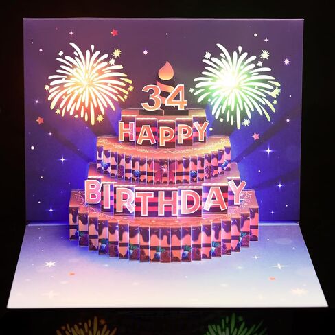 Firework Birthday Cards, Light and Music Happy Birthday Card with Blowable Birthday Cake, 3D Pop Up Birthday Gift Greeting Card for Women Men Kids Husband Wife Mom Dad Daughter in Kuwait