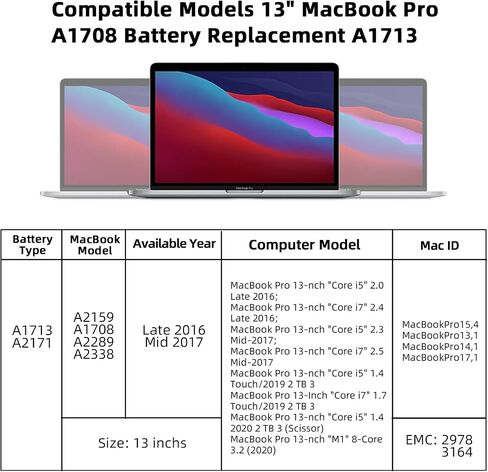 MacBook Pro A1708 Battery A1713 for MacBook Pro 13-inch A1708 Laptop Replacement Battery [Late 2016, Mid 2017] EMC 3164 2978-11.4V 54.5Wh 4781mAh in Saudi Arabia