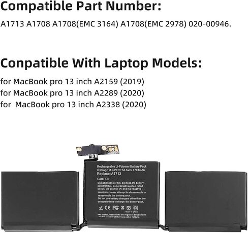 MacBook Pro A1708 Battery A1713 for MacBook Pro 13-inch A1708 Laptop Replacement Battery [Late 2016, Mid 2017] EMC 3164 2978-11.4V 54.5Wh 4781mAh in Saudi Arabia