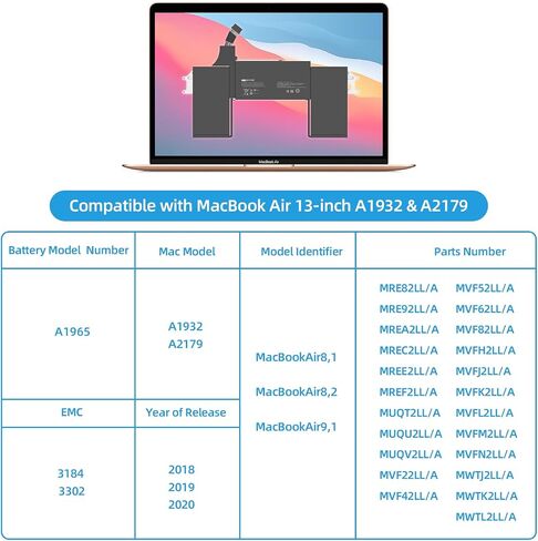 MYIYAE A1965 Battery for MacBook Air 13-inch Model A1932 A2179 Battery Replacement 2018 2019 2020 Version EMC 3184 3302 Real Capacity 11.4V 49.9Wh 4379mAh in Saudi Arabia
