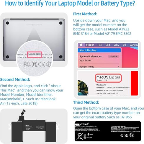 MYIYAE A1965 Battery for MacBook Air 13-inch Model A1932 A2179 Battery Replacement 2018 2019 2020 Version EMC 3184 3302 Real Capacity 11.4V 49.9Wh 4379mAh in Saudi Arabia