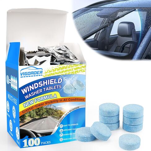 100 Pieces Windshield Washer Tablets, Economy 100 Gallons Windshield Wiper Fluid, 1 Piece Makes 1 Gallons, Professional Car Window Cleaner, Remove Glass Stains, (Winter: Use With De-Icer or Methanol) in Saudi Arabia