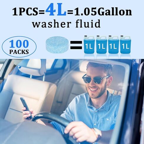 100 Pieces Windshield Washer Tablets, Economy 100 Gallons Windshield Wiper Fluid, 1 Piece Makes 1 Gallons, Professional Car Window Cleaner, Remove Glass Stains, (Winter: Use With De-Icer or Methanol) in Saudi Arabia