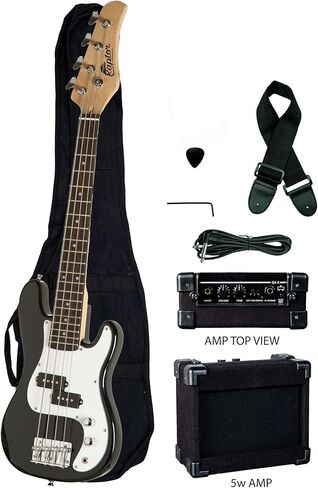 رابتور 3/4 مقاس 38 بوصة للأطفال 4 أوتار كهربائية بي باس أسود. حزمة كاملة مع 5 واط أمبير، حقيبة، حزام، كابل، اللقطات in Kuwait