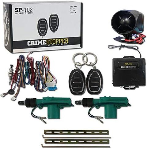 Crimestopper SP-102 نظام إنذار للسيارة أحادي الاتجاه مع 2 جهاز تحكم عن بعد ودخول بدون مفتاح + مشغل قفل الباب العالمي 2 سلك in Kuwait