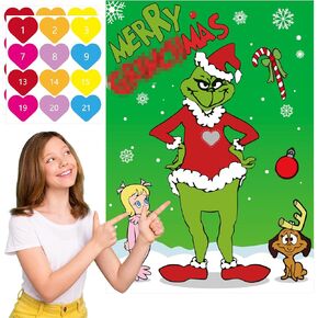 Festive Christmas Game Fun Family Adults Kids Xmas Party Activity with Pin The Heart on The Green Monster Christmas Game for Kids