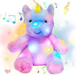Hopearl LED Musical Stuffed Unicorn Lighting Up Singing Plush Toy Adjustable Volume Lullaby Animated Soothe Birthday Festival for Kids Toddler Girls, Rainbow, 11.5''
