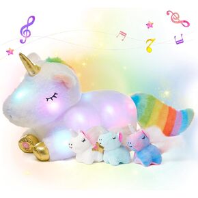 Hopearl LED Musical Stuffed Unicorn Playset Lighting Up Singing Plush Toy Mommy Unicorn with 3 Baby Unicorns in her Tummy Adjustable Volume Lullaby Animated Soothe Gifts for Kids Girls, White, 19''