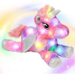 Hopearl Colorful LED Plush Unicorn Light up Stuffed Animal Floppy Night Lights Glow in The Dark Birthday Festival for Kids Toddler Girls, Rainbow, 16''