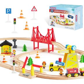 60PCS Montessori Wooden Train Set - Construction Express, Engineering Railway with Magnetic Crane, Trains & Accessories, Perfect Birthday Party Toy Gift for Kids Toddlers Boys Girls Ages 2-8
