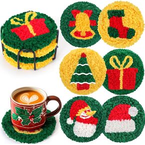 BABORUI Christmas Punch Needle Coaster Kit - 6Pcs Punch Stitching Kit for Adults Beginners, DIY Punch Needle Embroidery Kit for Christmas Gifts Christmas Party Home Decor