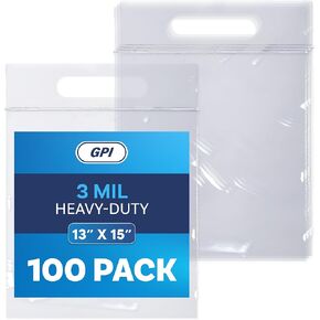 Biodegradable 13" X 15" 2 Gallon Plastic Zip Bags with Die Cut Handle for Carrying, 100 Count, Heavy-Duty 3 Mil Clear Reclosable Eco-Friendly Poly Baggies, Zip Top Lock for Food Storage & Clothing
