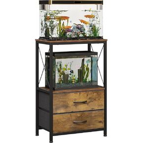 10 Gallon Aquarium Stand with 2-Tier Shelf Fish Tanks Stand with 2 Drawers Metal Frame Heavy Duty Reptile TurtleTank Stand with Storage for Home Offic Fish Tank Accessories Storage, Brown