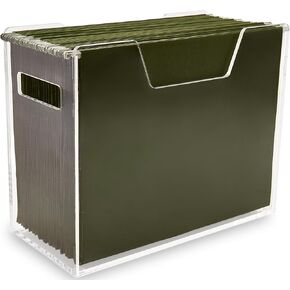 Acrylic File Holder - Clear Hanging File Organizer Box, Modern Acrylic File Folder Organizer, Lucite Hanging File Crate Bin with handles, Transparent Desktop File Folder Box for Letter Size