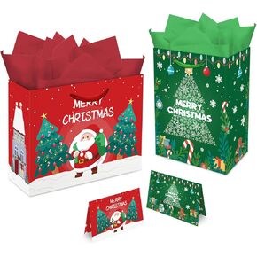 Aviski 2 PACK Christmas Gift Bags, 13 x 10.2 x 4.9 in, with Greeting Cards and Tissue Paper, Winter Holiday Paper Bags for Xmas Party Favor, Gift Wrapping