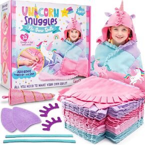 GirlZone Unicorn Snuggles No Sew Quilt Kit - DIY Tie Blanket Kit with 32 Colorful Quilt Pieces & Unicorn Hood Material to Create Your Blanket - Fleece Tie Knot Blanket Kit - No Sew Fleece Blanket Kit