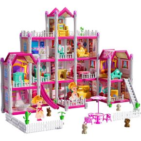 TEMI Home Toy Furniture Pink Girl Toys for Kids Ages 3 4 5 6 7 8 - DIY Room Kits with Dolls Toy Figures, Fully Furniture Fashion Villa Toy, Pretend Building Toy with Accessories, Gifts Toy