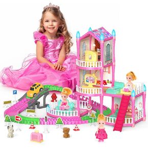 Dolls House for Girls, Doll Girls Houses with Track Car Toys, Dolls, Pets, Car, Furniture and Accessories, Pink Dream Princess Castle Playset Toy Gifts for Toddler Girls Ages 3 4 5 6 7 8+