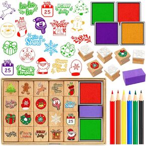 Christmas Stamps Set, Wooden Rubber Stamp with Ink Pad Colored Pencil, Holiday Square Craft Stamp for Stamping Scrapbooking Crafting Booking Card Making Stocking Filler,Christmas Favor Gift