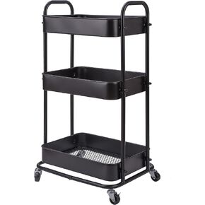 YOHKOH 3-Tier Metal Rolling Utility Cart, Storage Trolley Cart with Mesh Baskets and Lockable Wheels for Bathroom Kitchen Office (Dark Black)