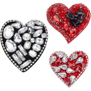 3pcs Heart Beaded Patch Red Beaded Heart Patch for Clothes Black Heart Patch Sew on DIY Decorative Patches Handmade Bling Applique for Dress Clothing Jeans Jackets Shoes Handbag