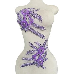 Two Colors Handmade Beaded Crystal Patches Bodice Lace DIY Applique Patches Accessory for Dress Clothes 1 Pair 8X12inches (Silver)
