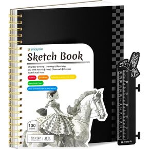 POPYOLA 9" x 12" Sketch Book with Bookmark Ruler, 100 Sheets Spiral Sketchbook for Drawing (68lb/100gsm), Acid Free Sketch Pad Artist Sketching Drawing Paper for Kids Teens Adults Artists, Pink